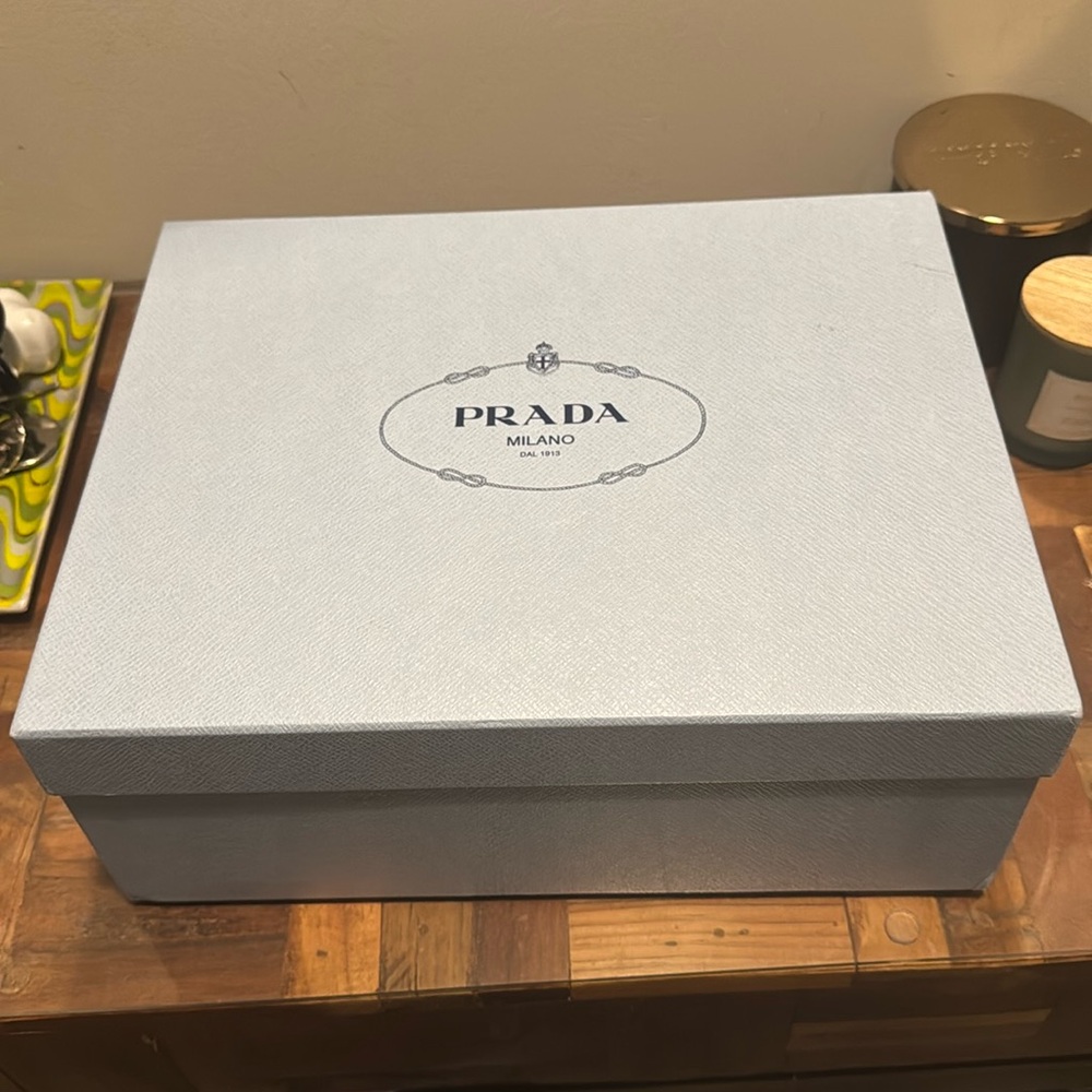 Light blue Prada shoe box from women’s loafers